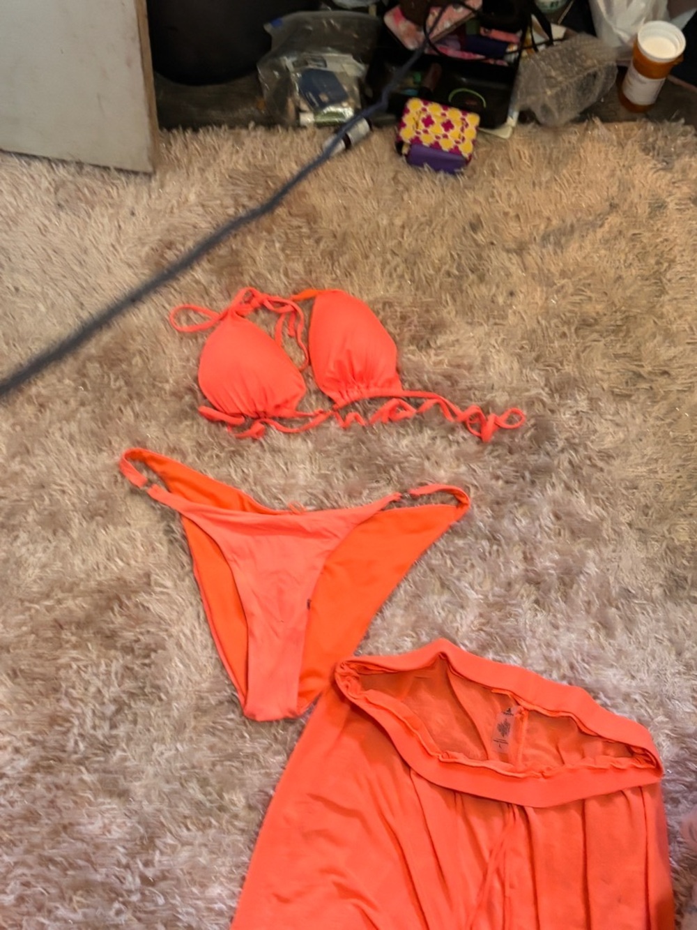 Neon Orange three 03 Piece Bikini Set + see through pants bout for 75$ retail